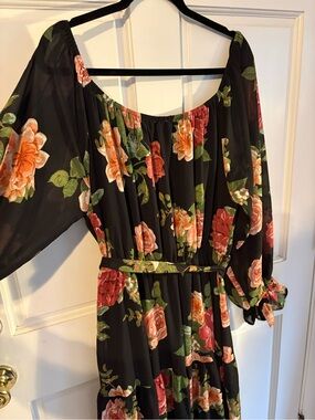 Black Floral Off-Shoulder Maxi Dress with Orange & Pink Roses
